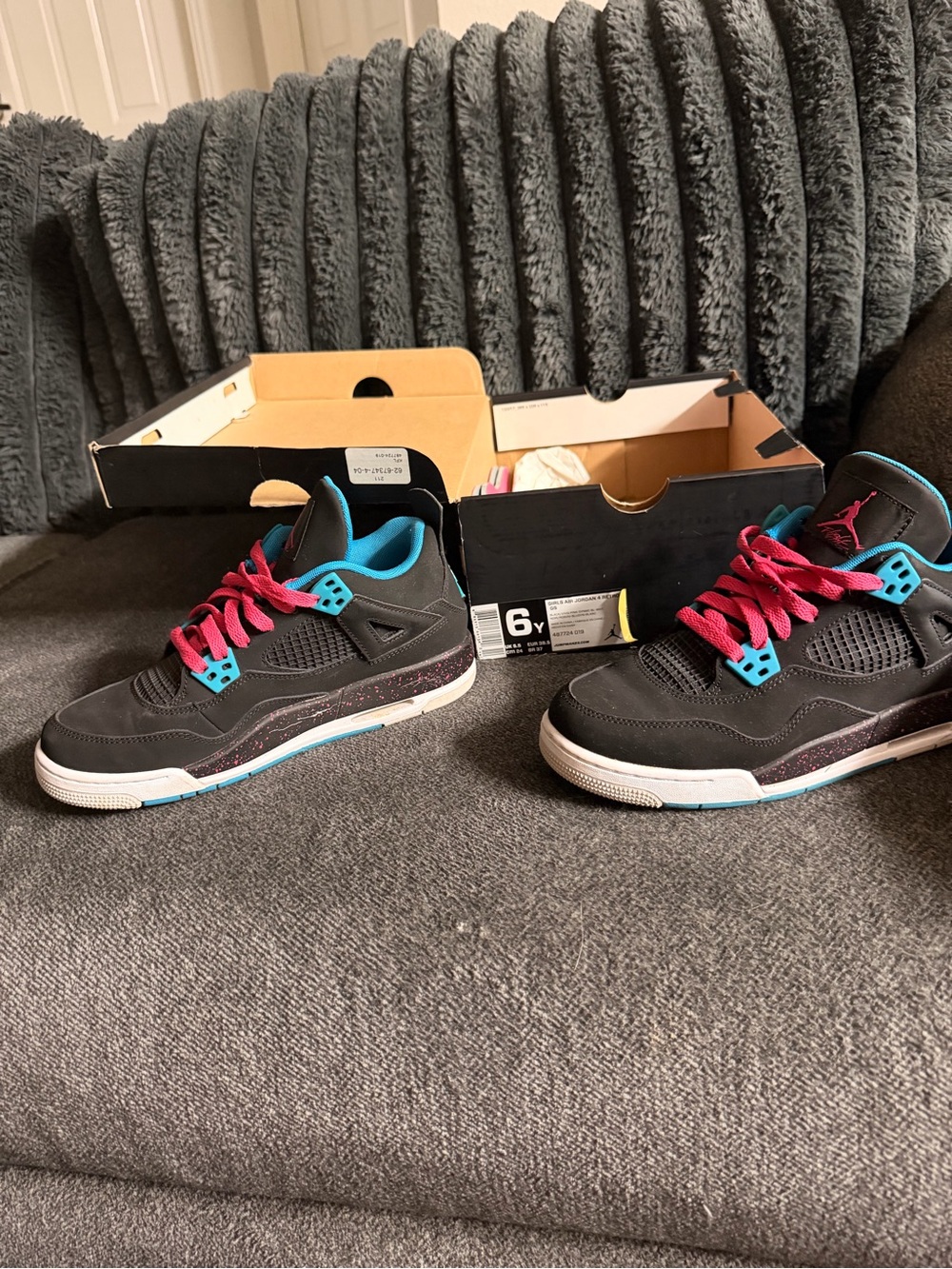 Jordan Kids Black Sneakers with Pink Laces and Teal Accents